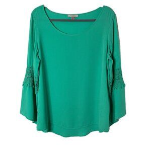 Roz & Ali Women's Blouse L Green Bell Long Sleeve Crochet Boat Neck Top Boho